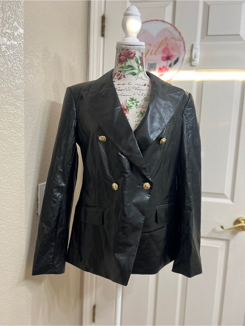 Michael Kors Faux Leather Double Breasted Blazer Black Size 8